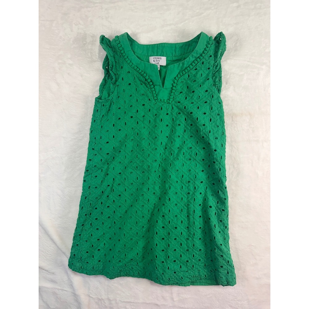 Crown & Ivy Eyelet Shift Dress 5 Green‎ Flutter Sleeve Pom Pom Trim Girls